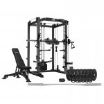 Lifespan CORTEX SM-20 6-in-1 Power Rack with Smith & Cable Machine + Leg Press Attachment + BN-9 Bench + 130kg Olympic Bumper Weight Plate & Barbell Package