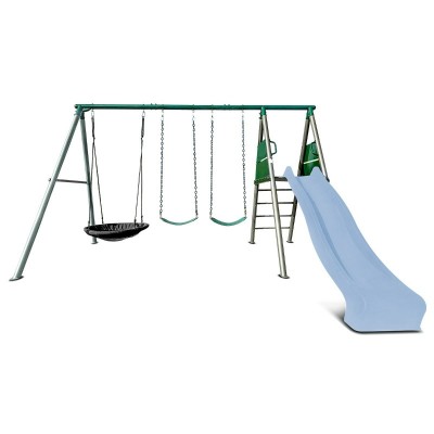 Lifespan Europa Commercial Grade Steel Swing Set with Climb & 2.2m Slide - Pastel Blue