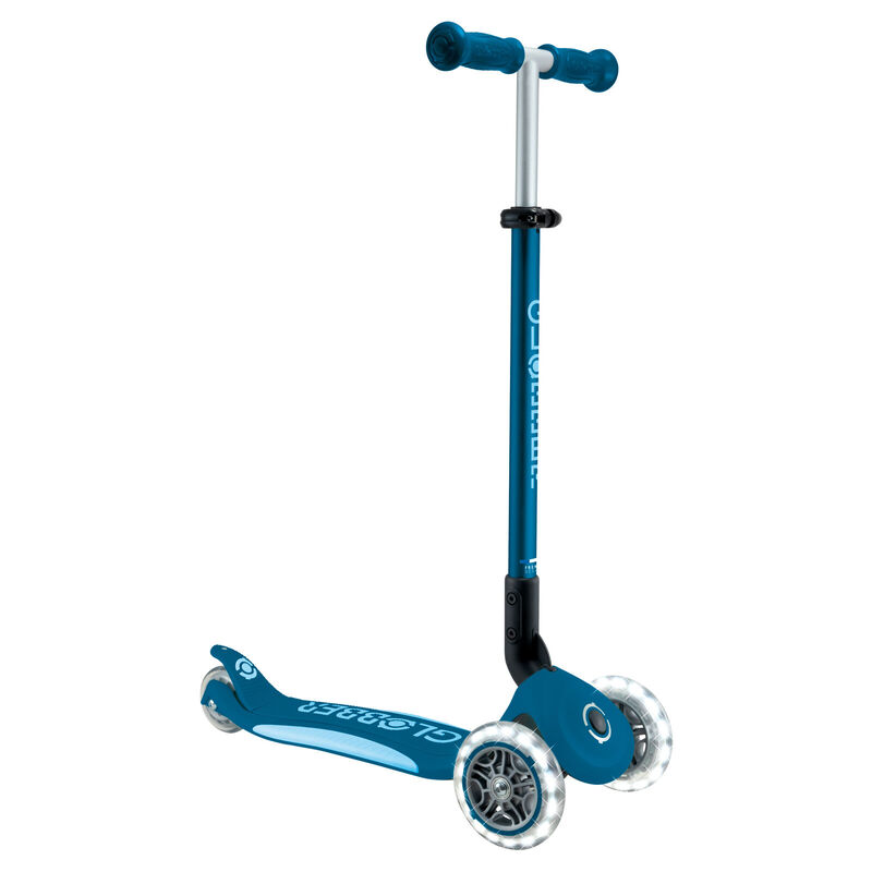 Globber Elite Primo Fold Plus Lights Scooter - Petrol Blue / Light Blue Globber Elite Primo Fold Plus Lights Scooter - Petrol Blue / Light Blue