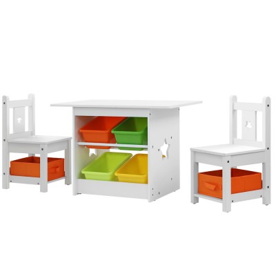 Keezi 3 pcs Kids Table and Chairs Set Furniture Play Storage Box - White